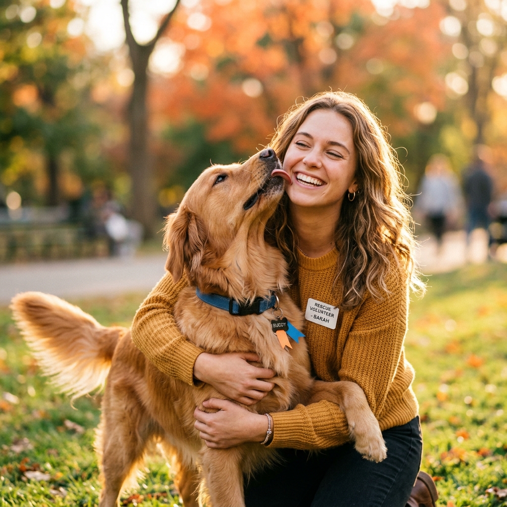 Mascota adoptada feliz con su dueño